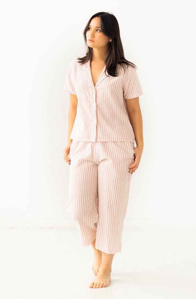 Cropped Button Down-High Waisted  Striped Capri