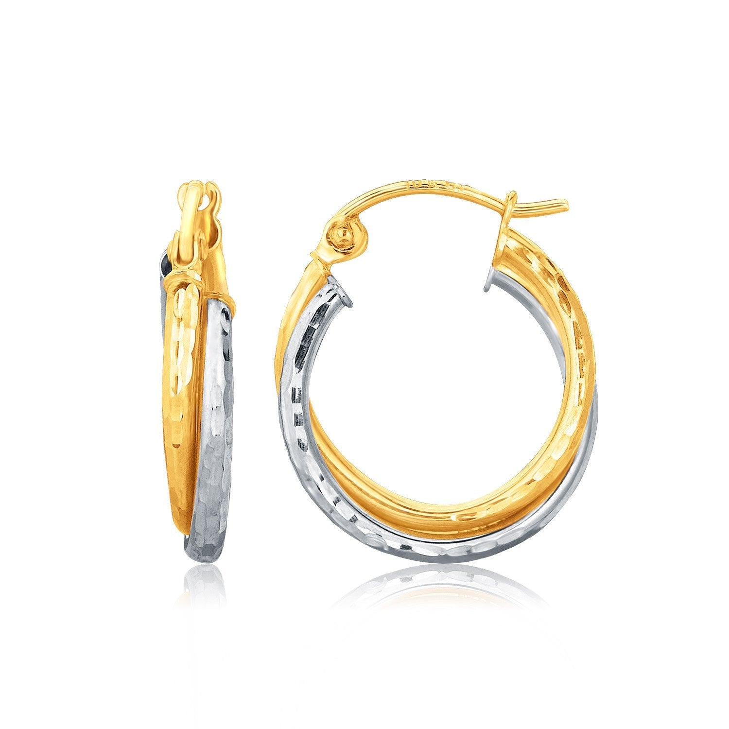 14k Two-Tone Gold Interlaced Hoop Earrings with Hammered Texture - earrings