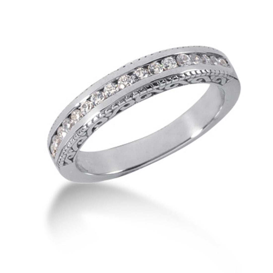 14k White Gold Vintage Style Engraved Diamond Channel Set Wedding Ring Band by Bids.com