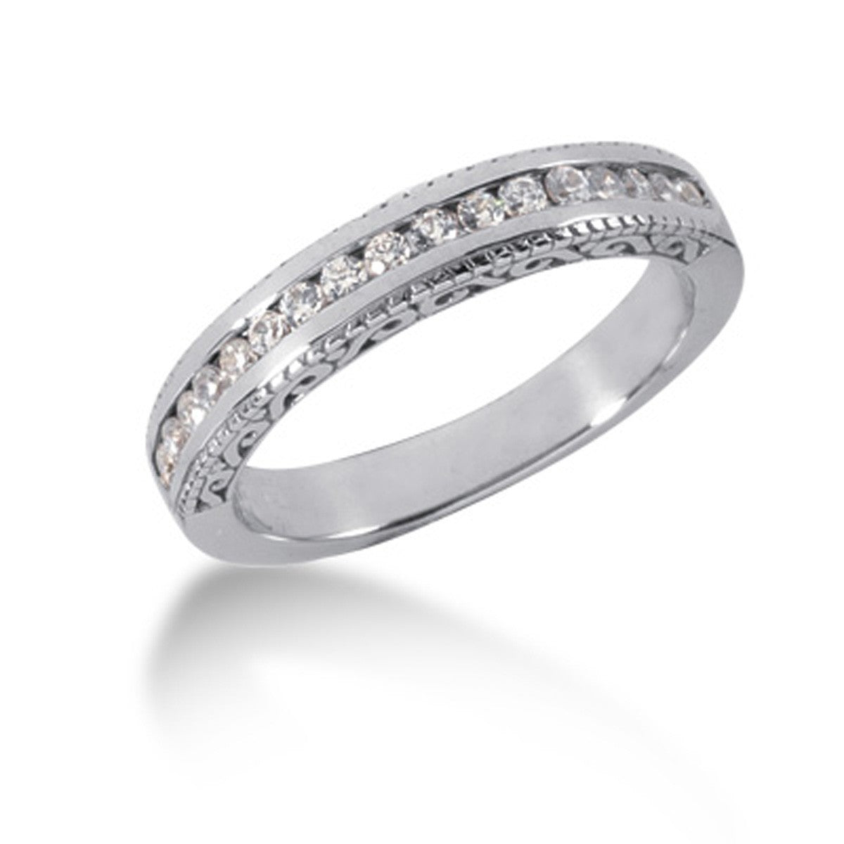 14k White Gold Vintage Style Engraved Diamond Channel Set Wedding Ring Band by Bids.com