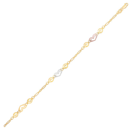 14k Tri-Color Gold Anklet with Multi Color Heart Stations by Bids.com