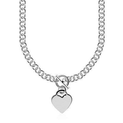 Sterling Silver Rolo Chain  with a Heart Toggle Charm and Rhodium Plating
