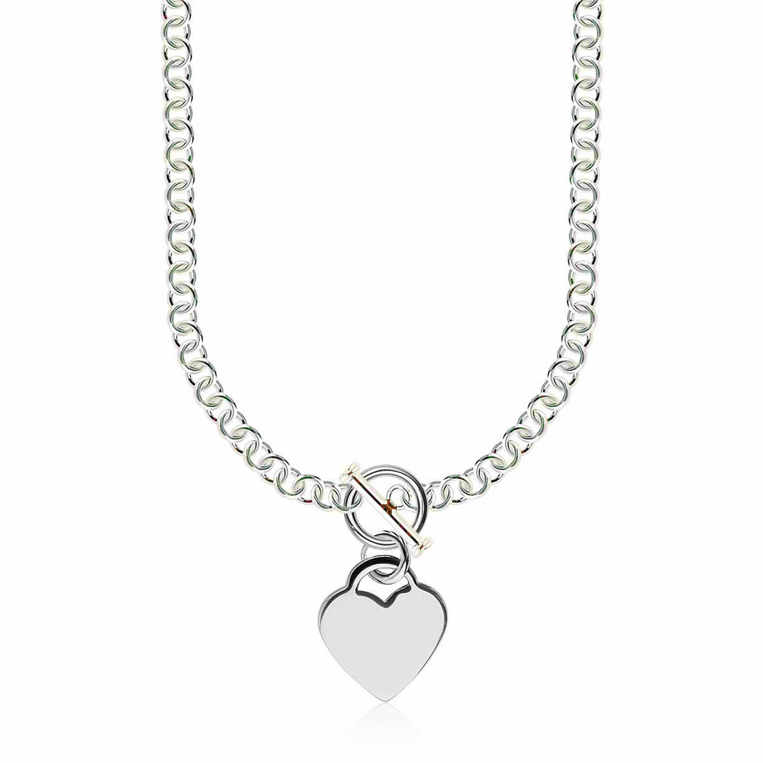Sterling Silver Rhodium Plated Rolo Chain Necklace with a Heart Toggle Charm - DestGlow