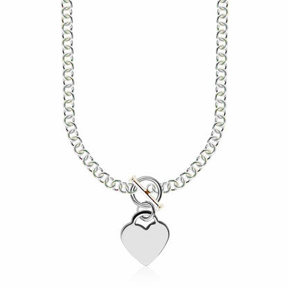Sterling Silver Rhodium Plated Rolo Chain Necklace with a Heart Toggle Charm - DestGlow