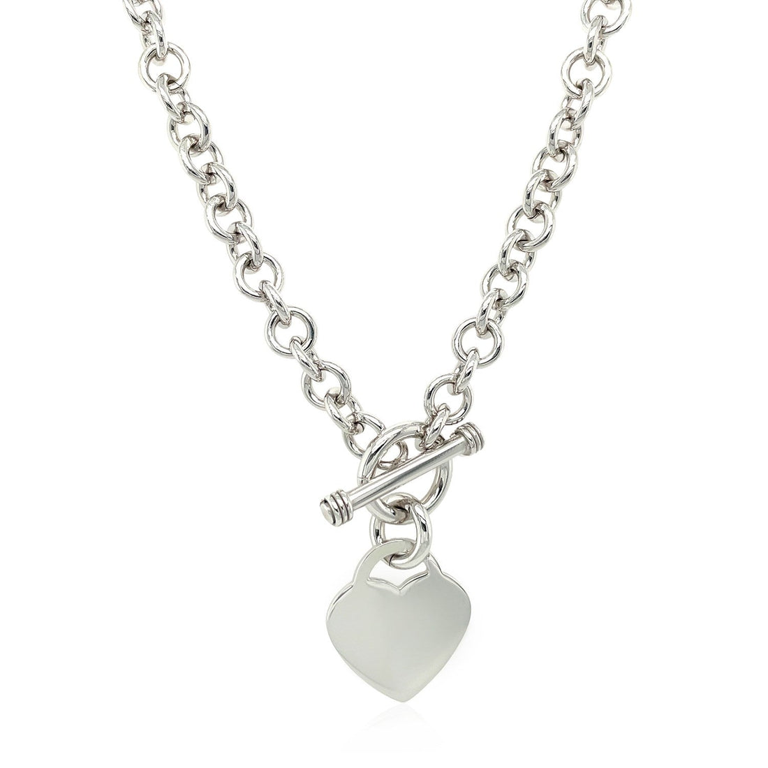 Sterling Silver Rhodium Plated Rolo Chain Necklace with a Heart Toggle Charm - DestGlow