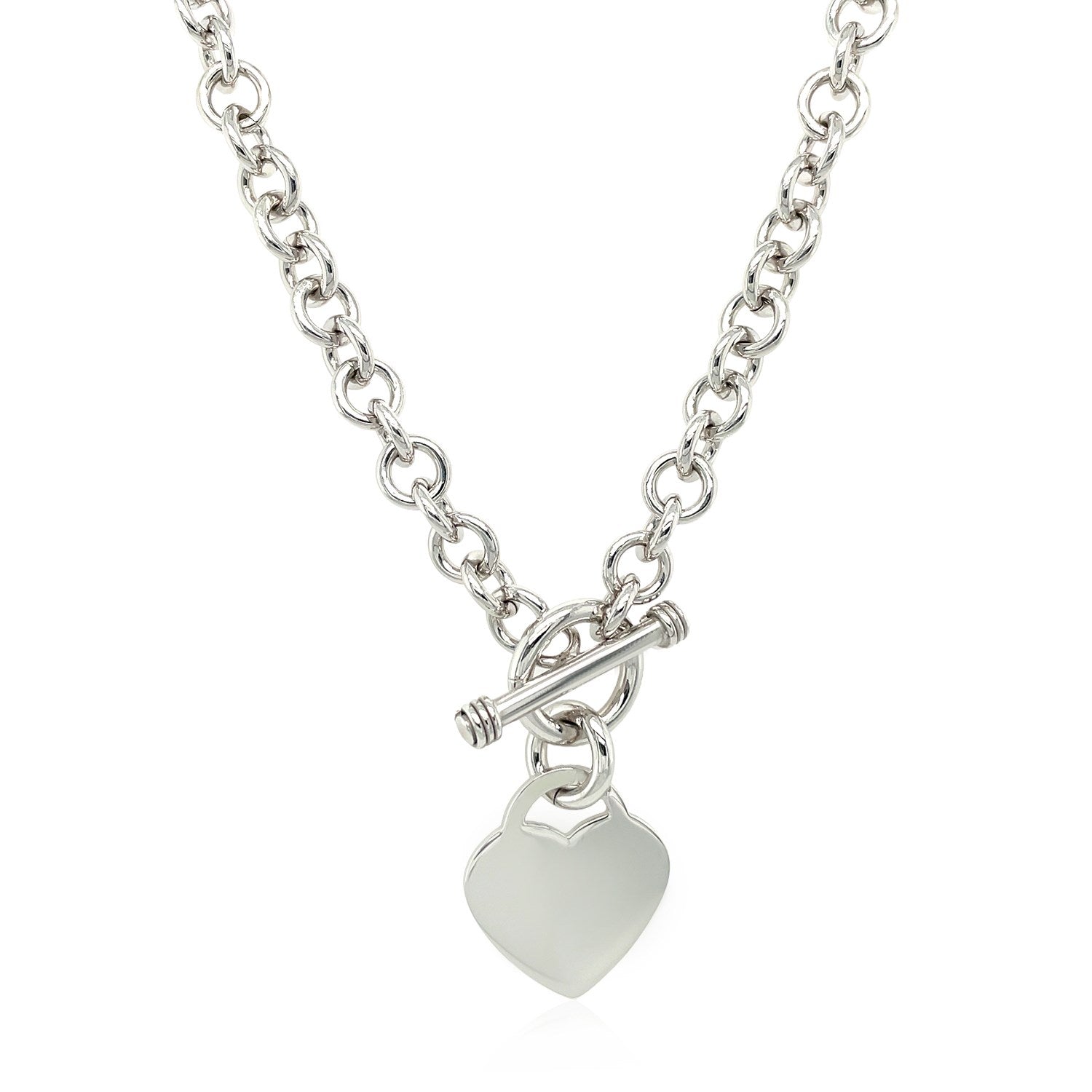 Sterling Silver Rhodium Plated Rolo Chain Necklace with a Heart Toggle Charm - DestGlow
