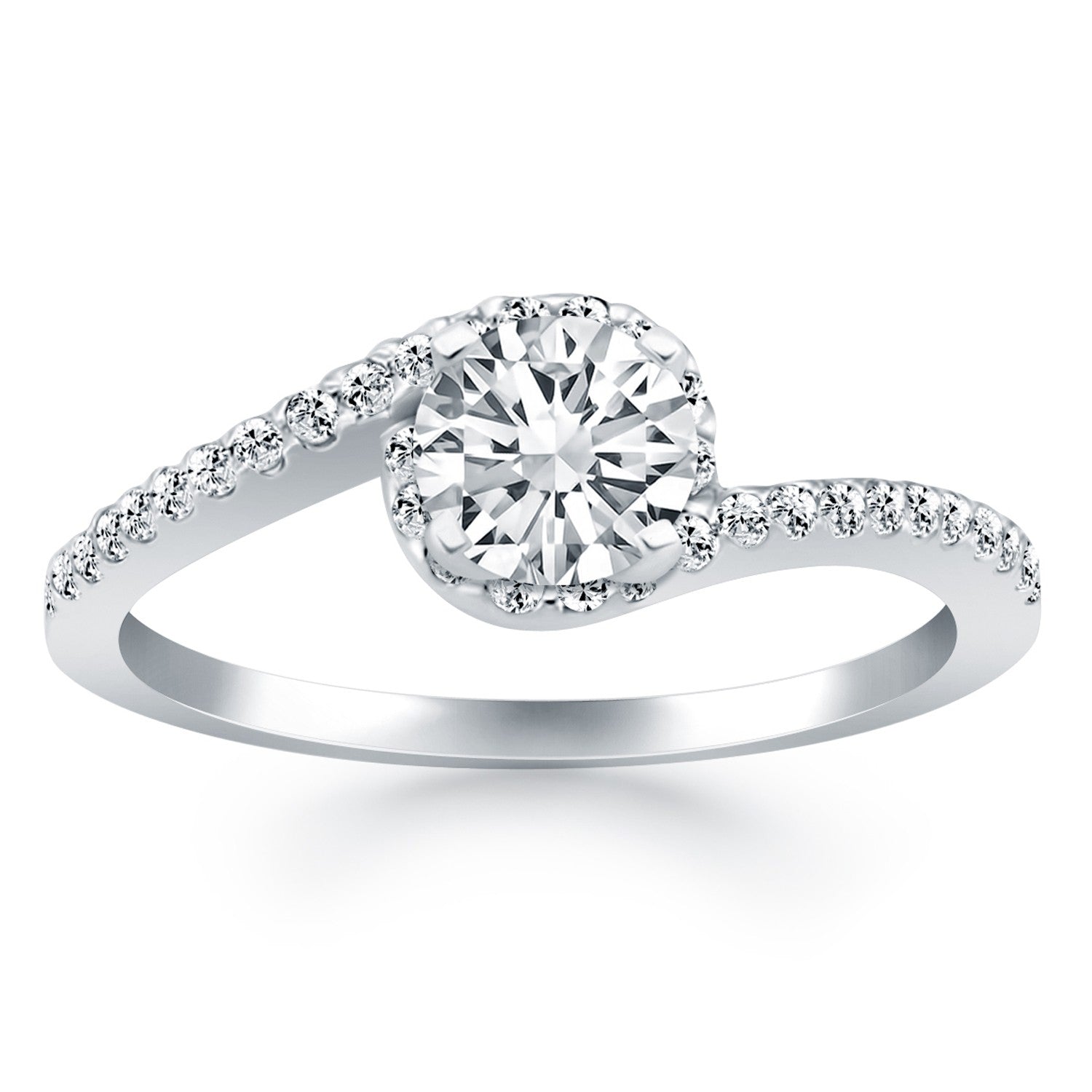 14k White Gold Bypass Swirl Diamond Halo Engagement Ring by Bids.com
