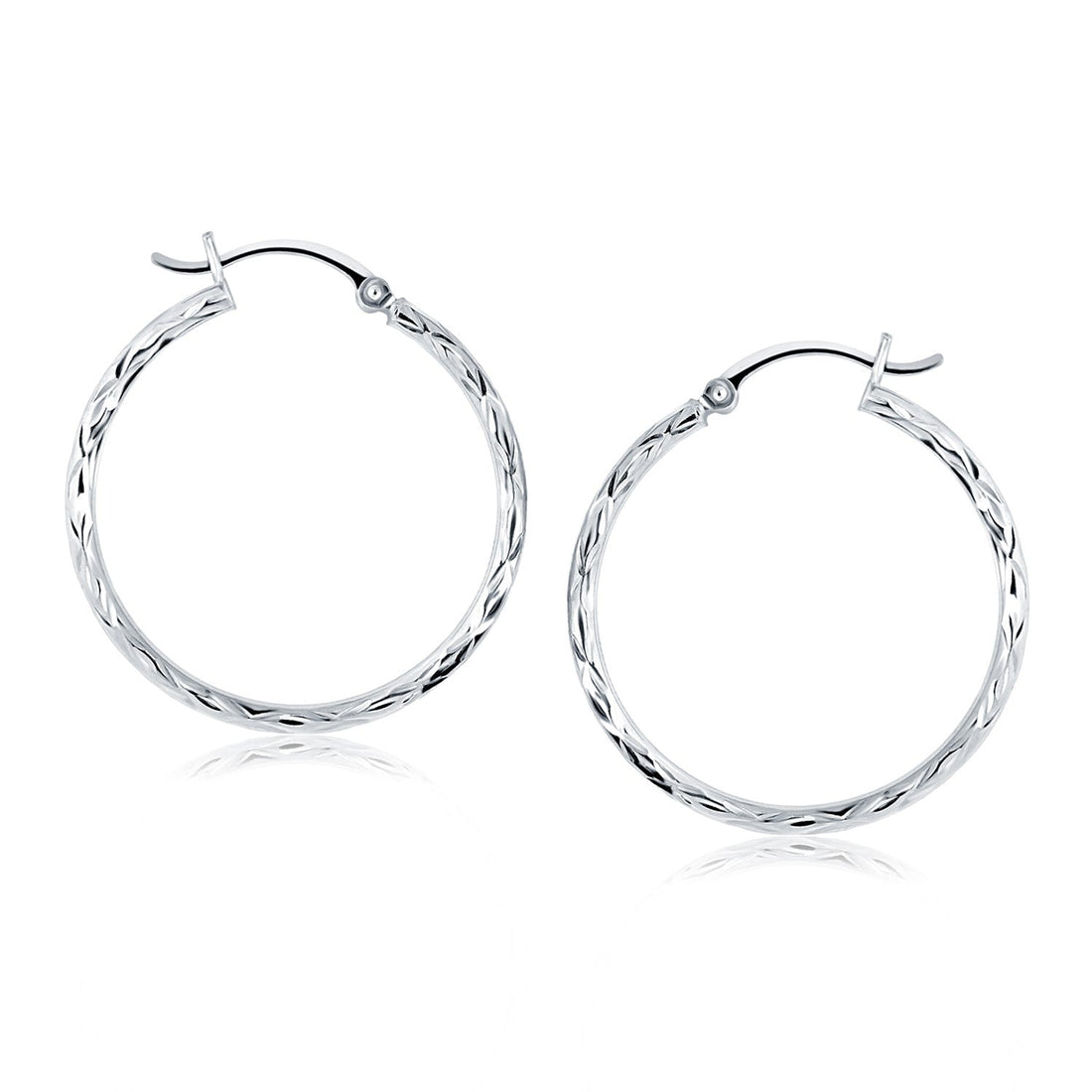 14k White Gold Diamond Cut Hoop Earrings(2x30mm) - earrings