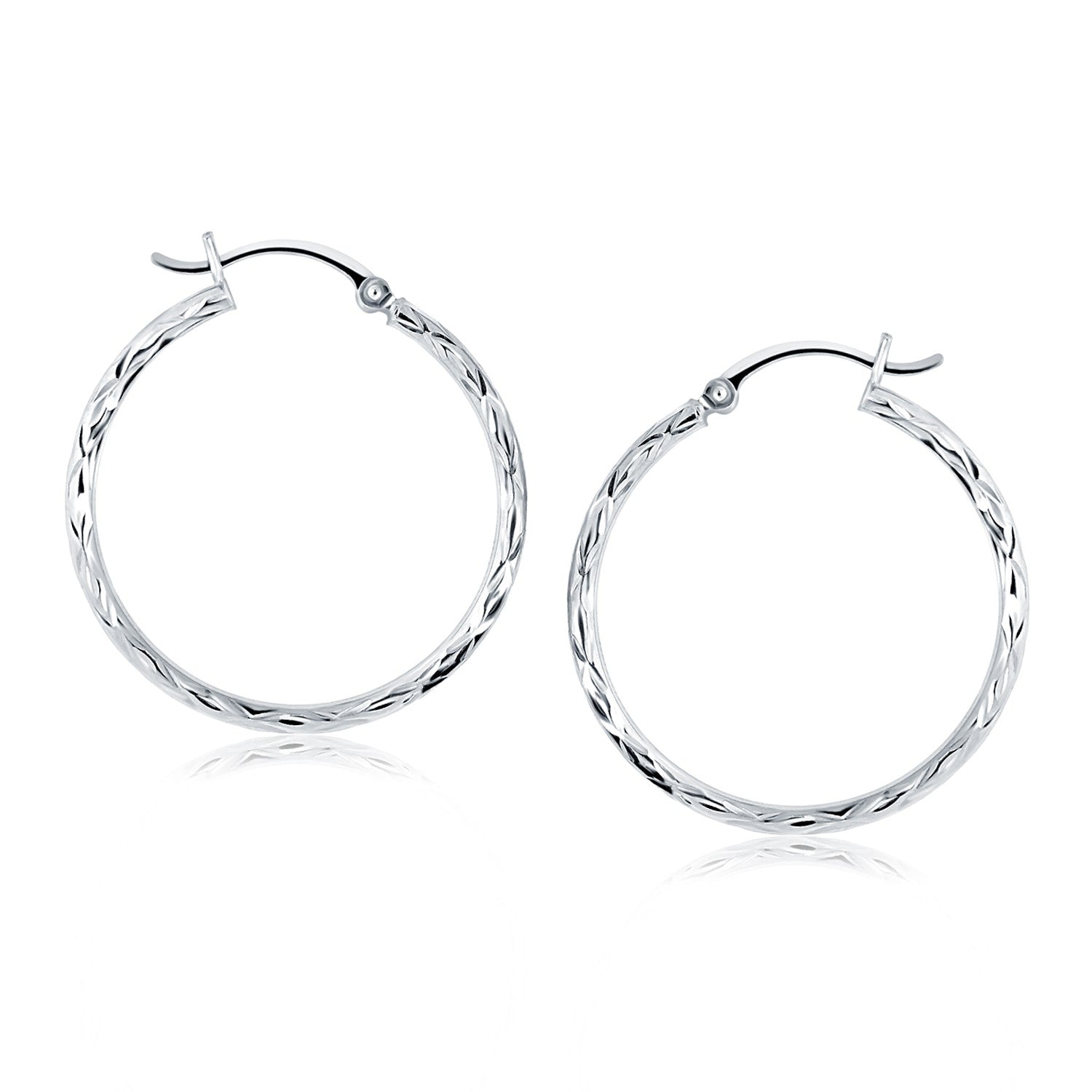 14k White Gold Diamond Cut Hoop Earrings(2x30mm) - earrings
