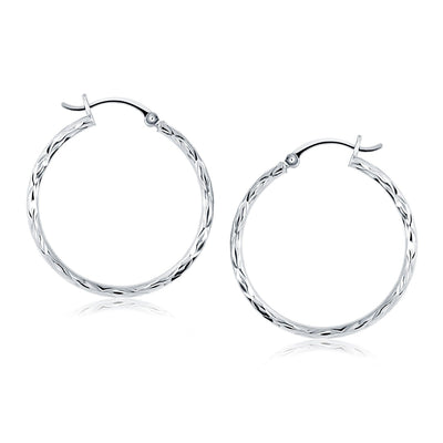 14k White Gold Diamond Cut Hoop Earrings(2x30mm) - earrings