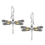18k Yellow Gold and Sterling Silver Dragonfly Motif Drop Earrings - DestGlow
