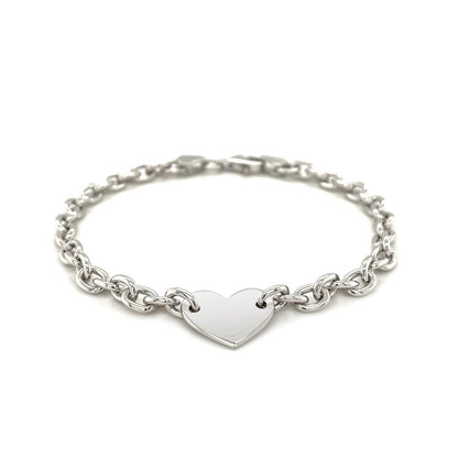 Sterling Silver Rhodium Plated Chain Bracelet with a Flat Heart Station by Bids.com