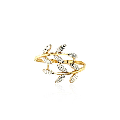 14k Two Tone Gold Crossover Ring with Textured Leaves - DestGlow