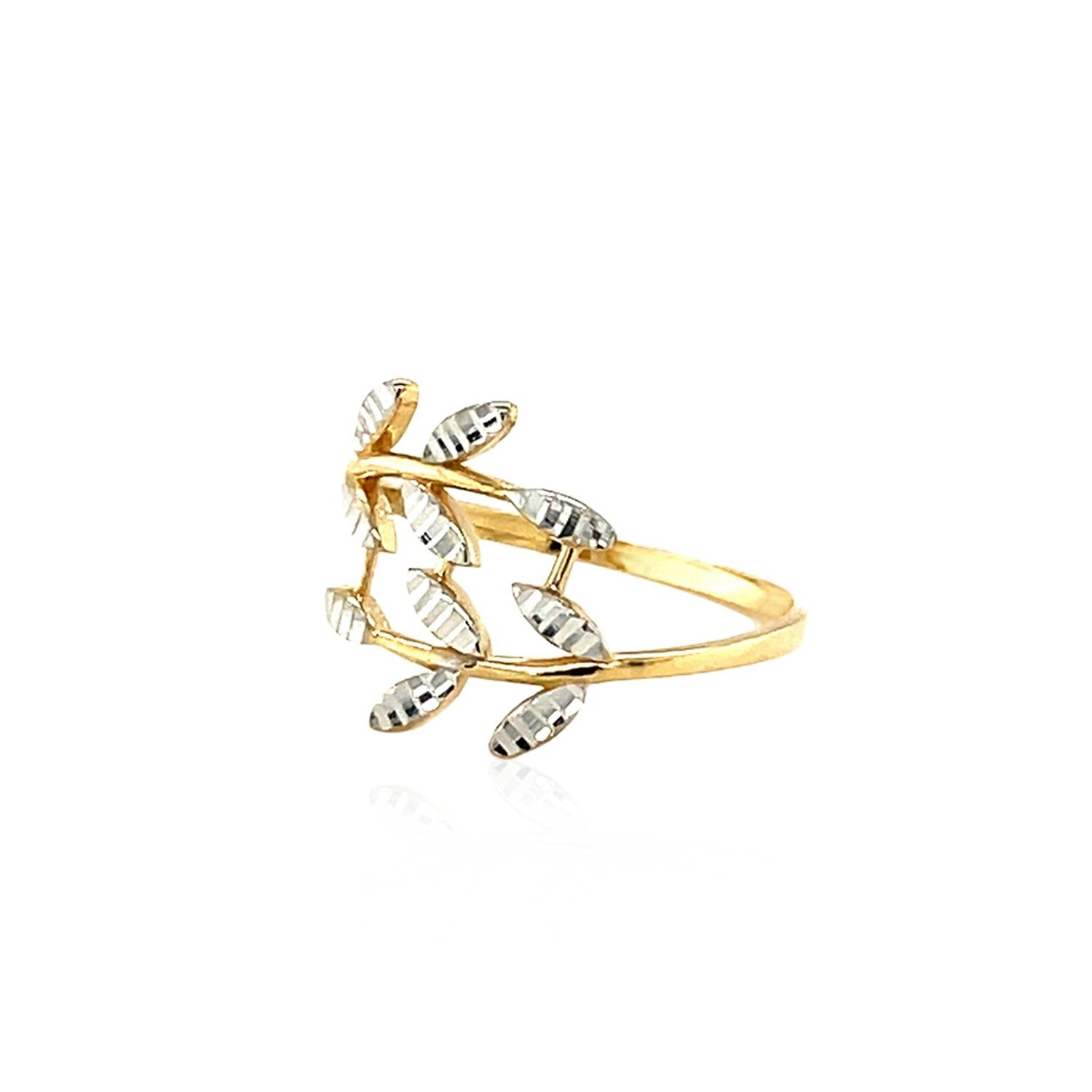 14k Two Tone Gold Crossover Ring with Textured Leaves - DestGlow