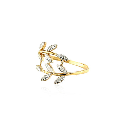 14k Two Tone Gold Crossover Ring with Textured Leaves - DestGlow