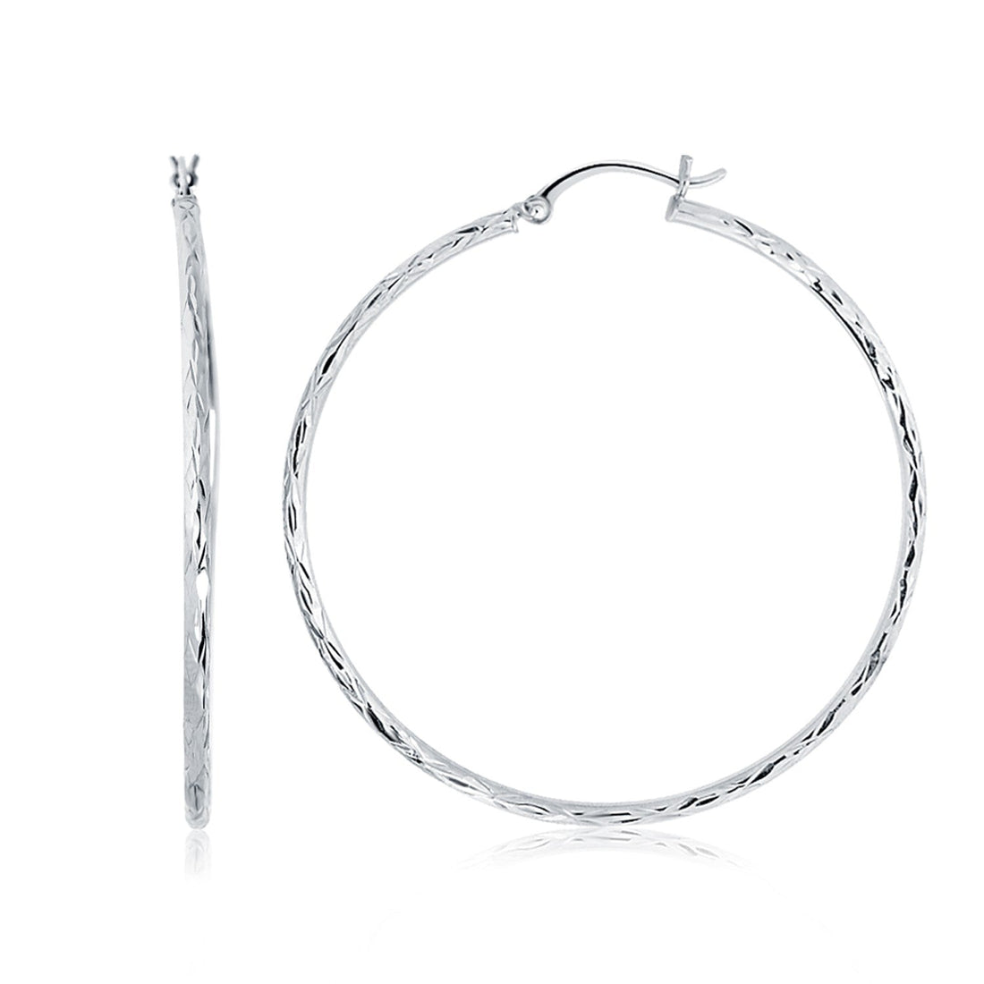 14k White Gold Diamond Cut Hoop Earrings (1 3/4 inch Diameter) 