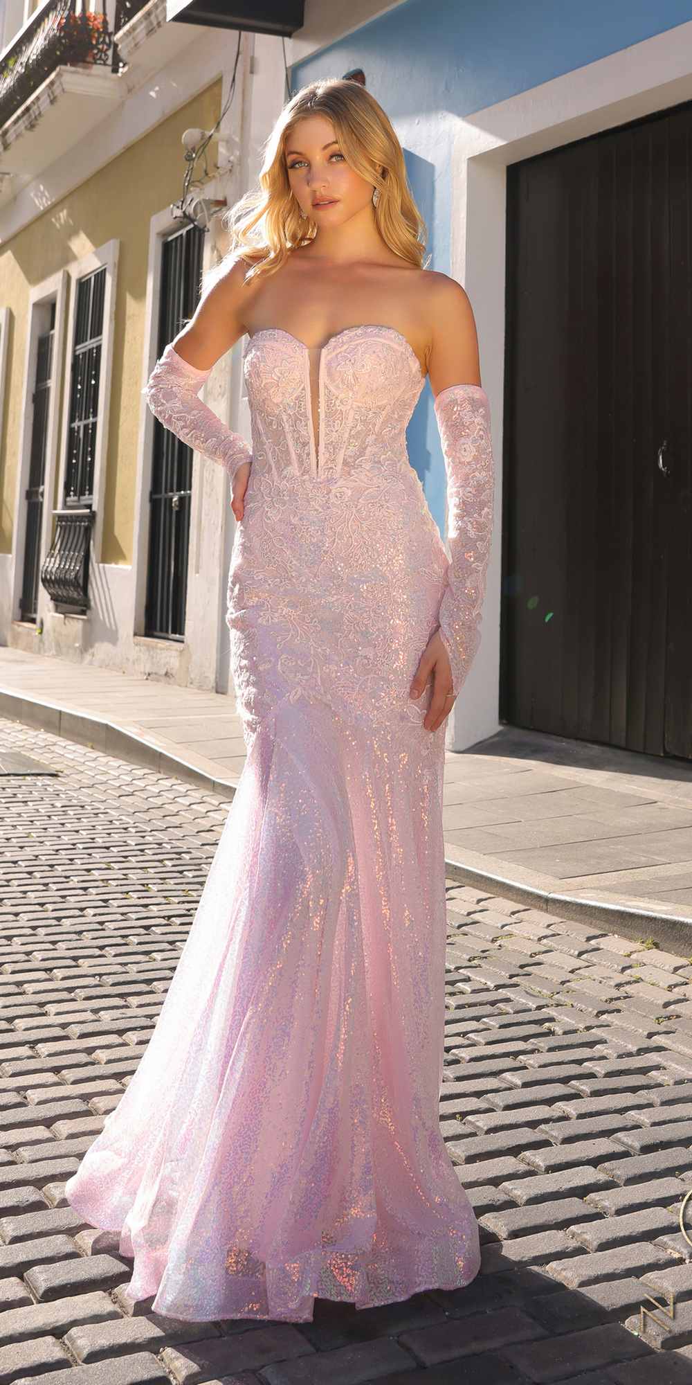 Nox Anabel D1263 Long Strapless Sequin Mermaid Dress Removable Gloves by DiscountDressShop