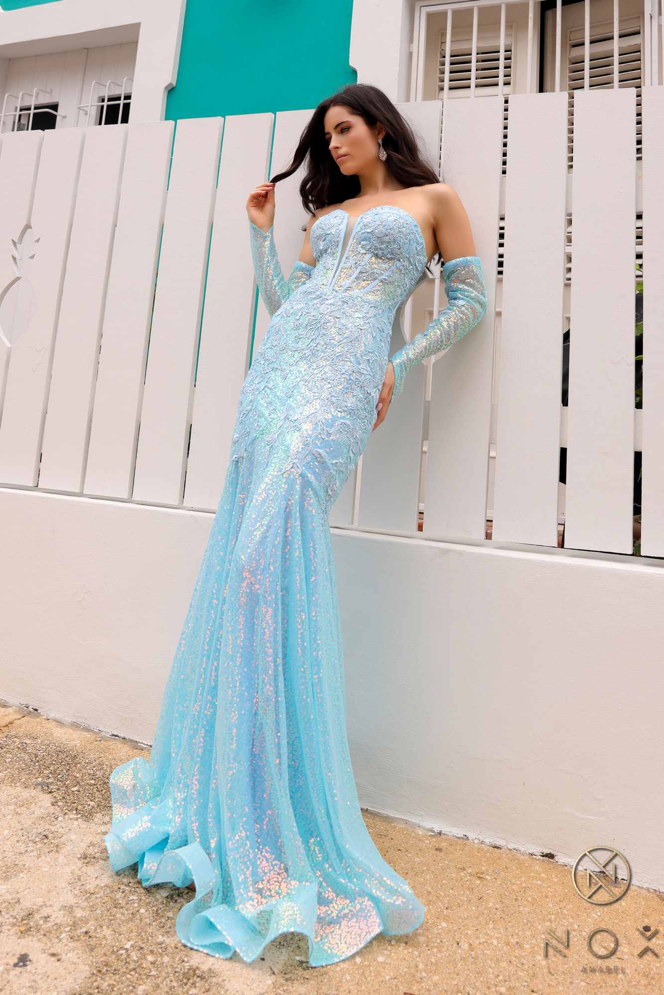 Nox Anabel D1263 Long Strapless Sequin Mermaid Dress Removable Gloves by DiscountDressShop