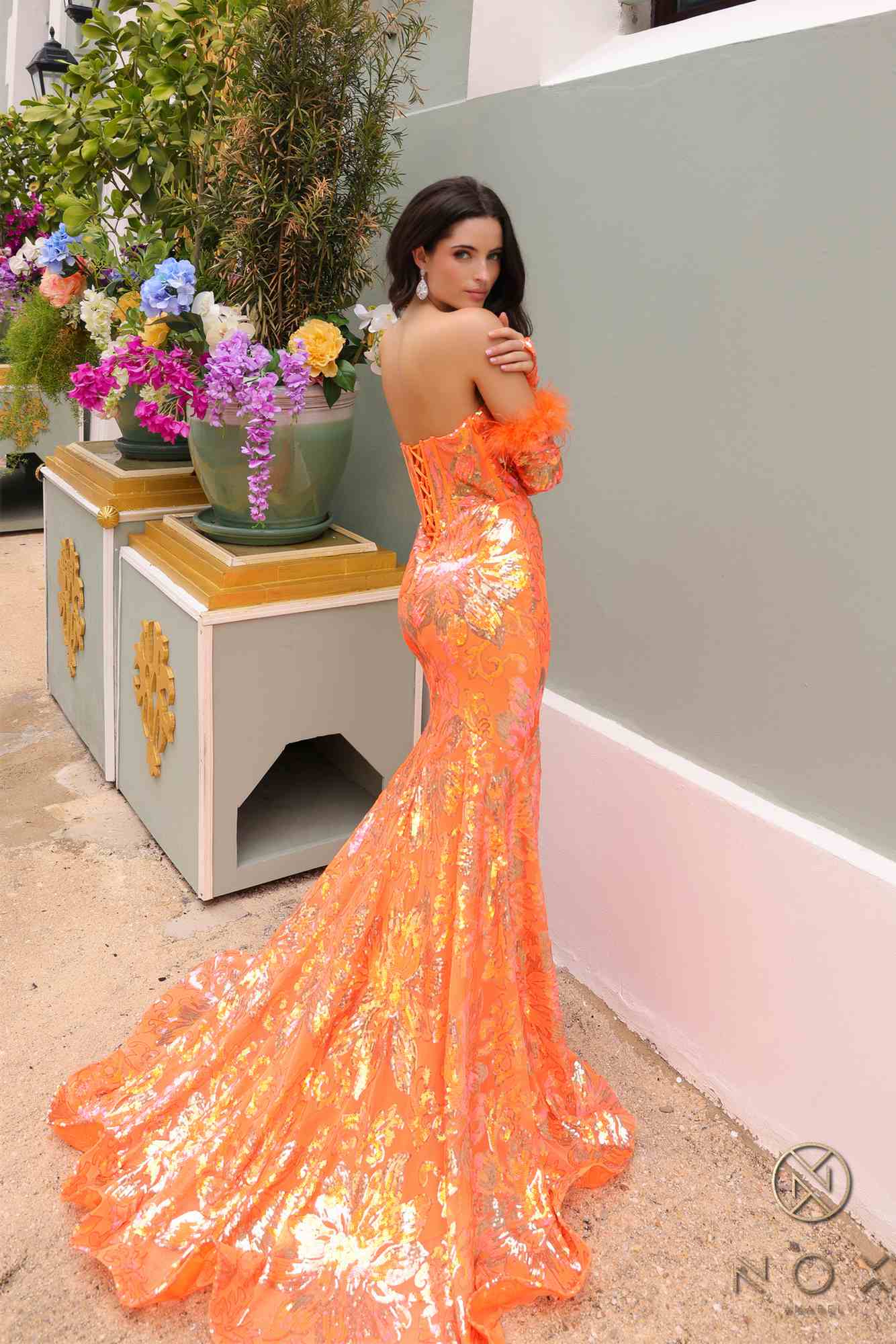 Nox Anabel D1269 Detachable Long Sleeves Floral Sequin Mermaid Gown by DiscountDressShop