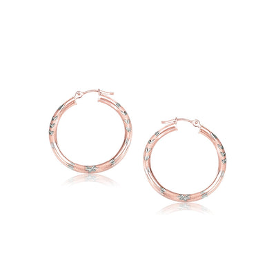 14k Rose Gold Fancy Diamond Cut Hoop Earrings(3x25mm) - earrings