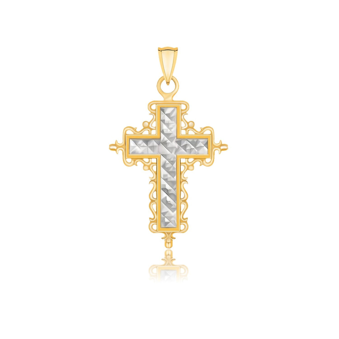 14k Two-Tone Gold Diamond Cut and Baroque Inspired Cross Pendant - necklaces
