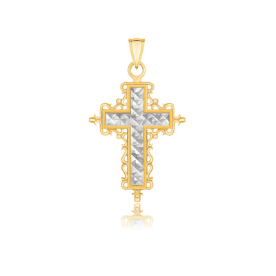 14k Two-Tone Gold Diamond Cut and Baroque Inspired Cross Pendant - necklaces