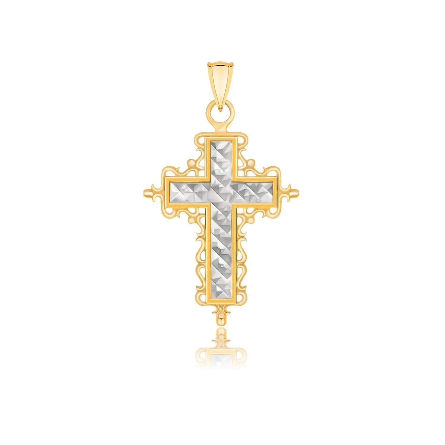 14k Two-Tone Gold Diamond Cut and Baroque Inspired Cross Pendant 