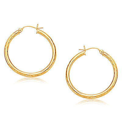 14k Yellow Gold Hoop Earring with Diamond-Cut Finish (3x30mm) - earrings