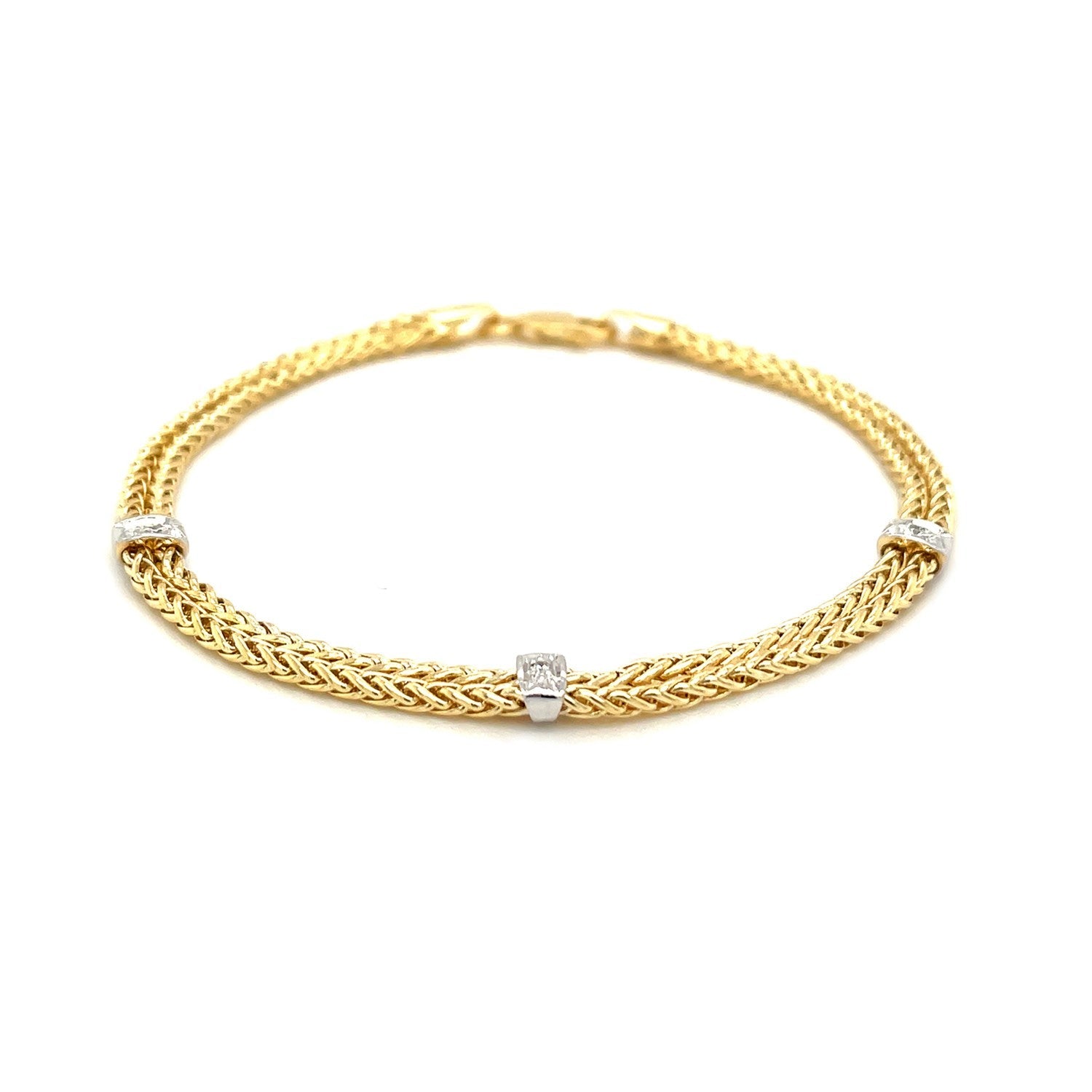 14k Two-Tone Gold Dual Wheat Chain Bracelet with Diamond Stations (.02 cttw) by Bids.com