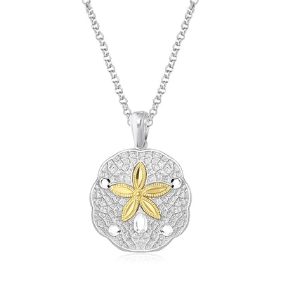 Designer Sterling Silver and 14k Yellow Gold Sand Dollar Pendant - DestGlow