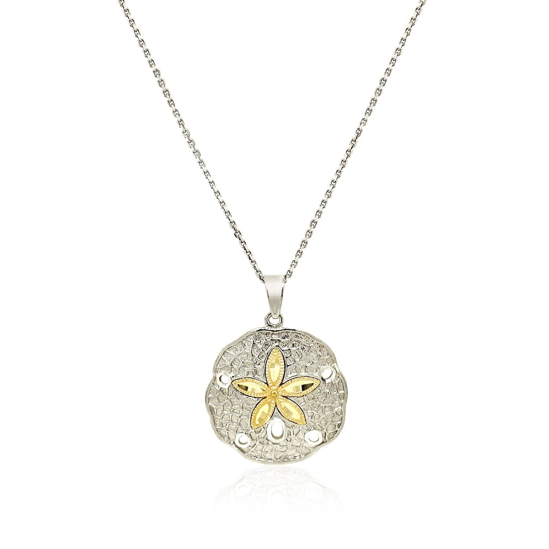 Designer Sterling Silver and 14k Yellow Gold Sand Dollar Pendant - DestGlow