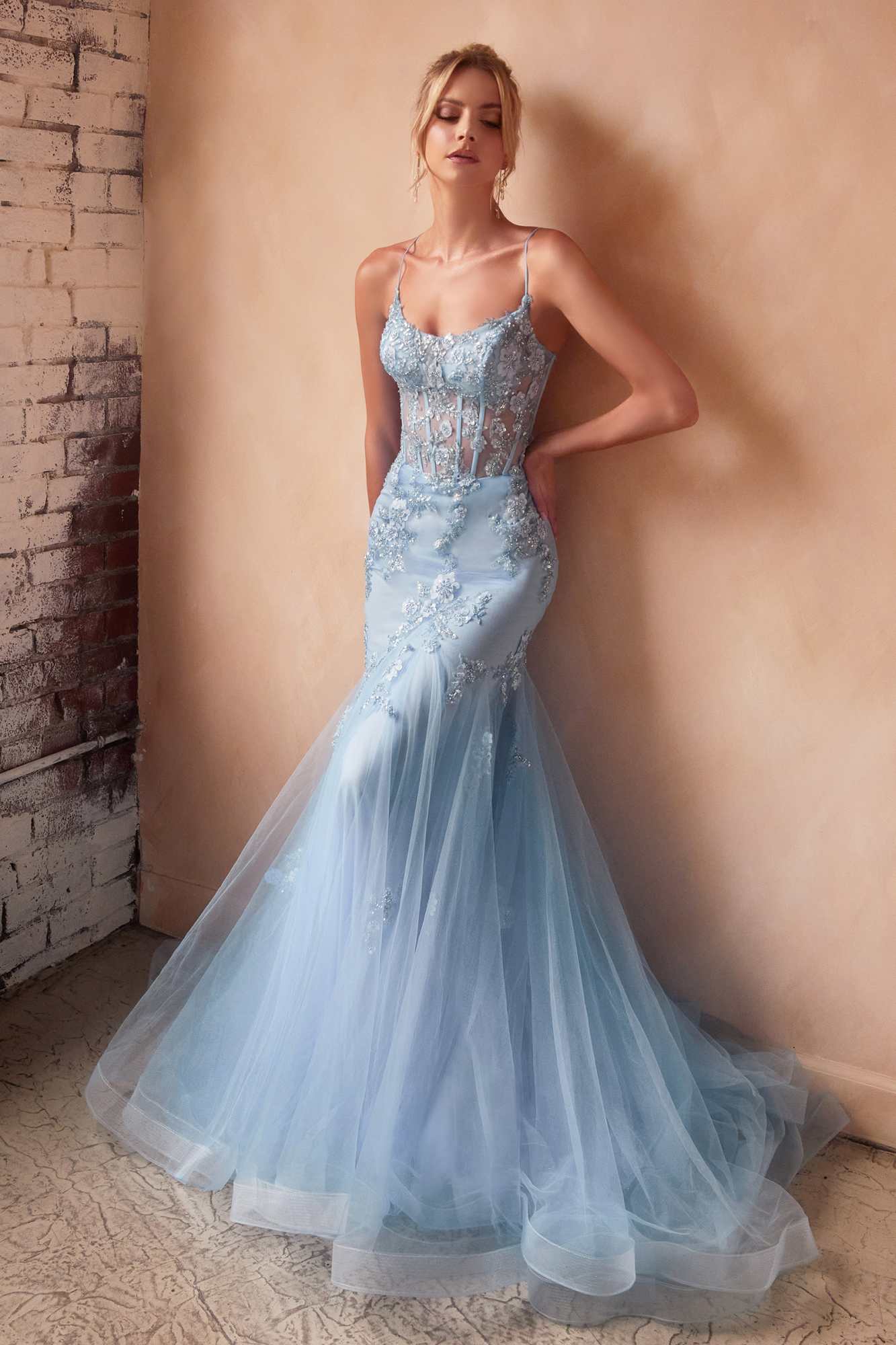 Ladivine D145 Long Sparkly Mermaid Gown Tulle Skirt Corset Back by DiscountDressShop