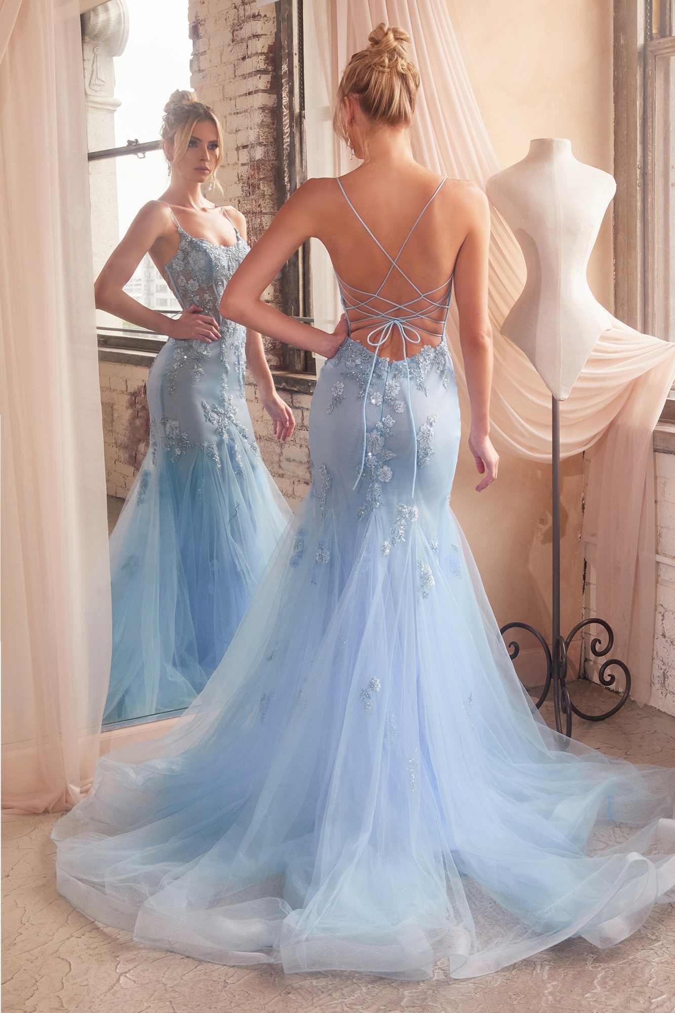 Ladivine D145 Long Sparkly Mermaid Gown Tulle Skirt Corset Back by DiscountDressShop