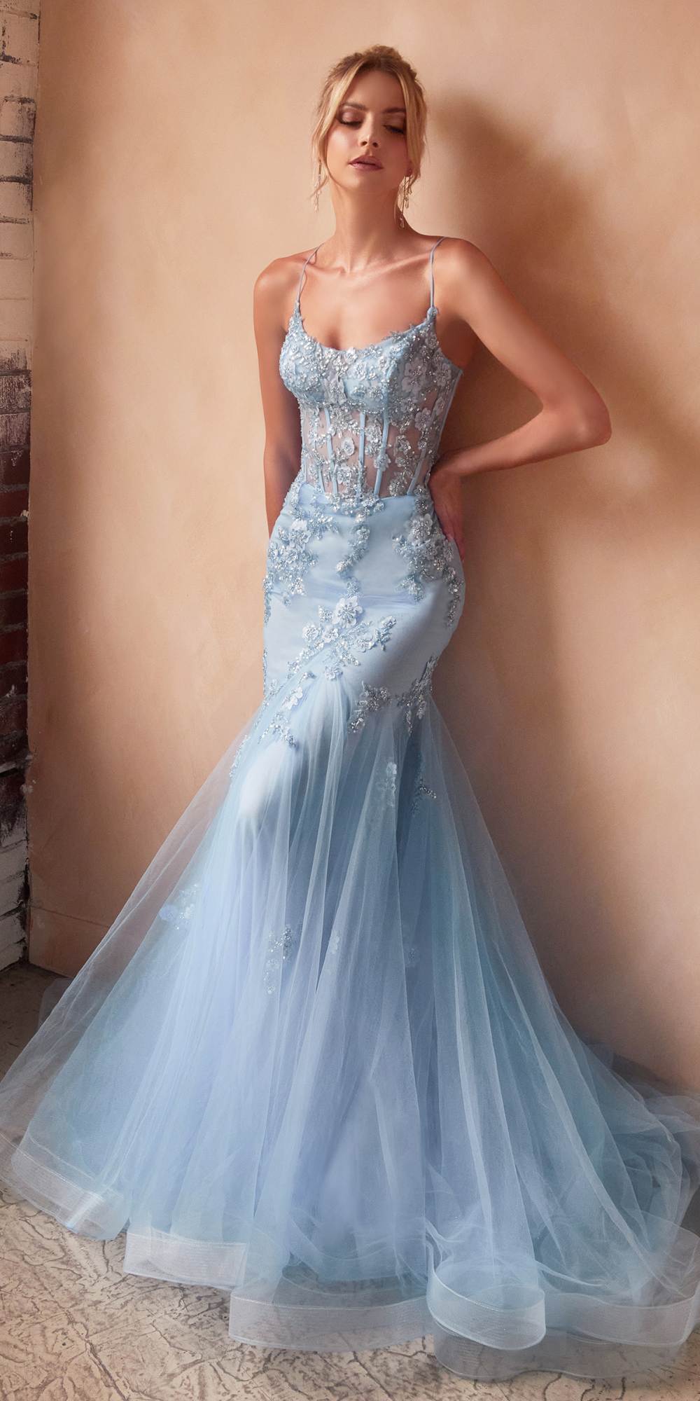 Ladivine D145 Long Sparkly Mermaid Gown Tulle Skirt Corset Back by DiscountDressShop