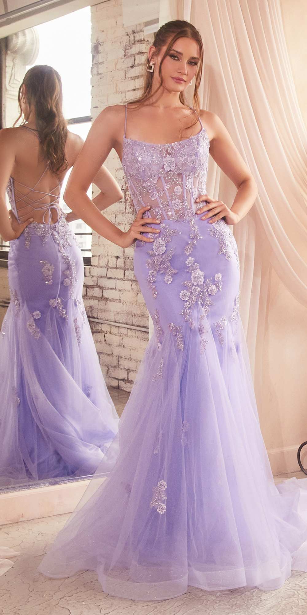 Ladivine D145 Long Sparkly Mermaid Gown Tulle Skirt Corset Back by DiscountDressShop