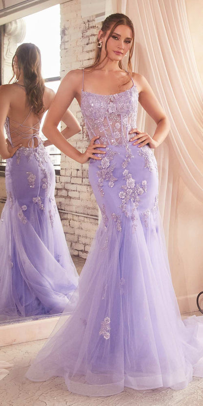 Ladivine D145 Long Sparkly Mermaid Gown Tulle Skirt Corset Back by DiscountDressShop