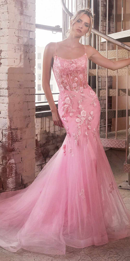 Ladivine D145 Long Sparkly Mermaid Gown Tulle Skirt Corset Back by DiscountDressShop