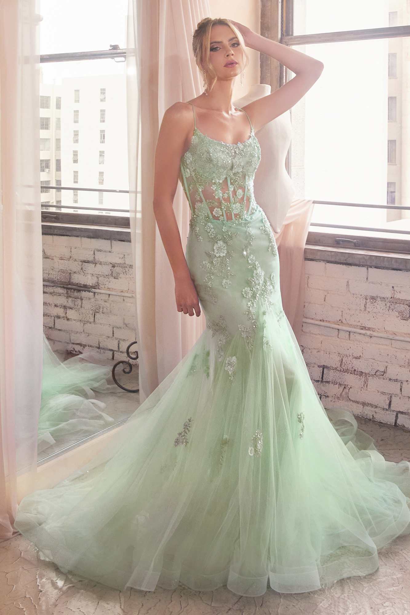 Ladivine D145 Long Sparkly Mermaid Gown Tulle Skirt Corset Back by DiscountDressShop