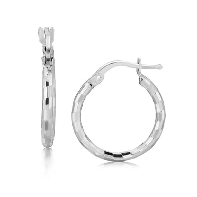 Sterling Silver Rhodium Plated Diamond Cut Small Hoop Earrings (2x15mm) - DestGlow