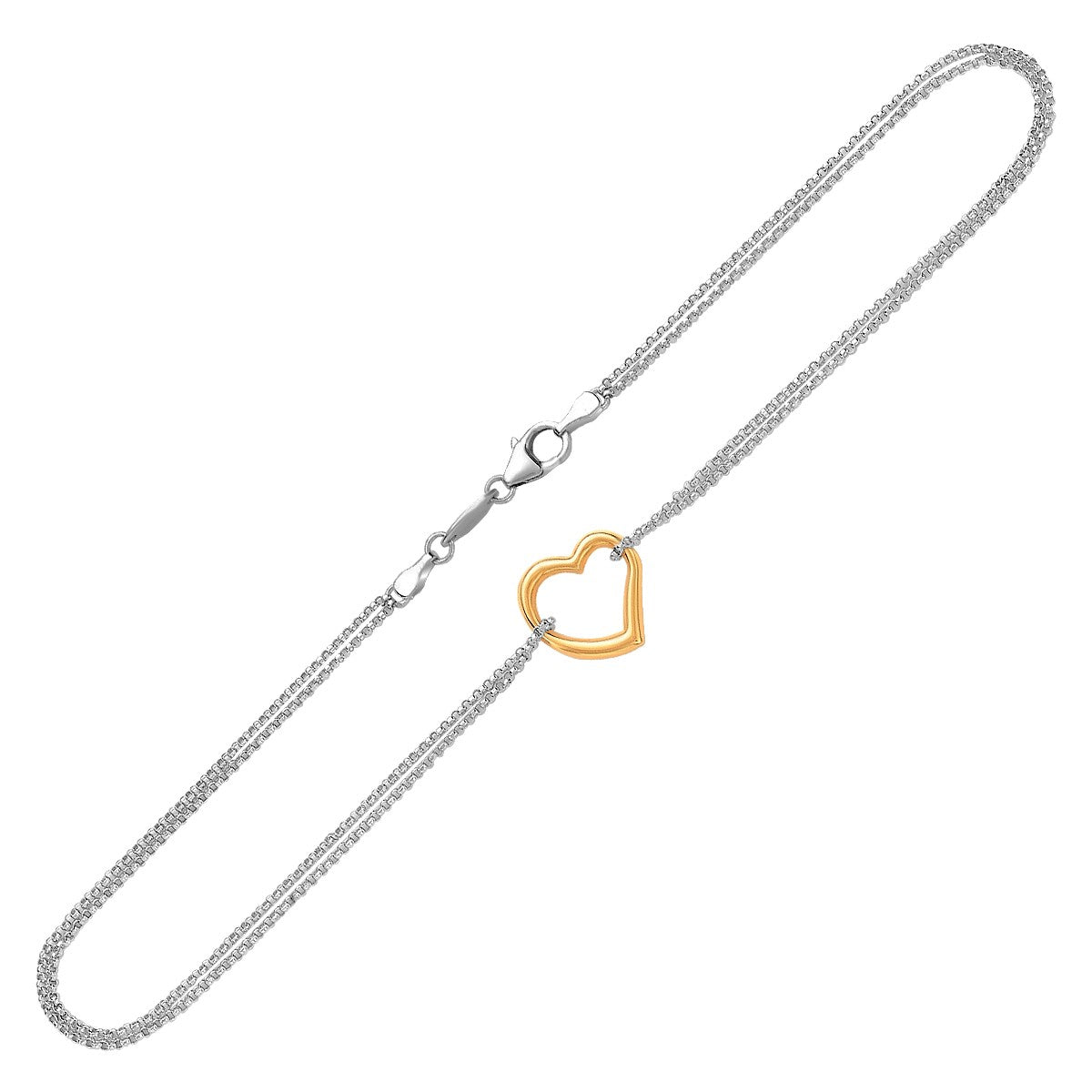 14k Yellow Gold and Sterling Silver Anklet with a Single Open Heart Station  DestGlow