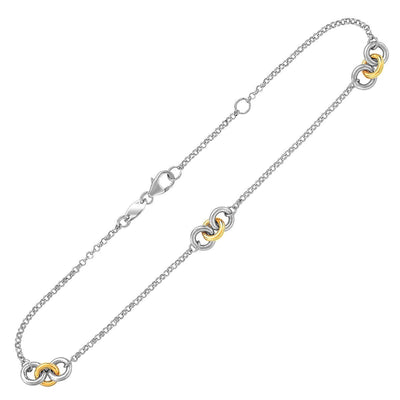 14k Yellow Gold and Sterling Silver Triple Ring Stationed Anklet - rings