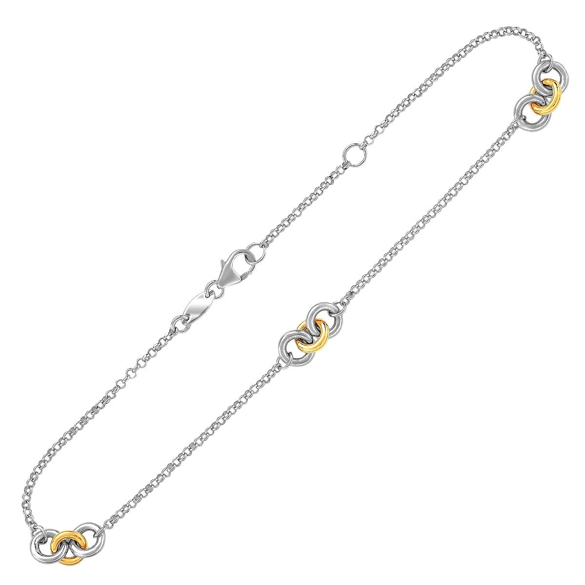 14k Yellow Gold and Sterling Silver Triple Ring Stationed Anklet 