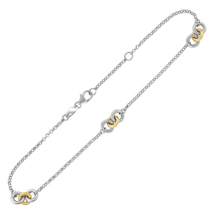 14k Yellow Gold and Sterling Silver Triple Ring Stationed Anklet 