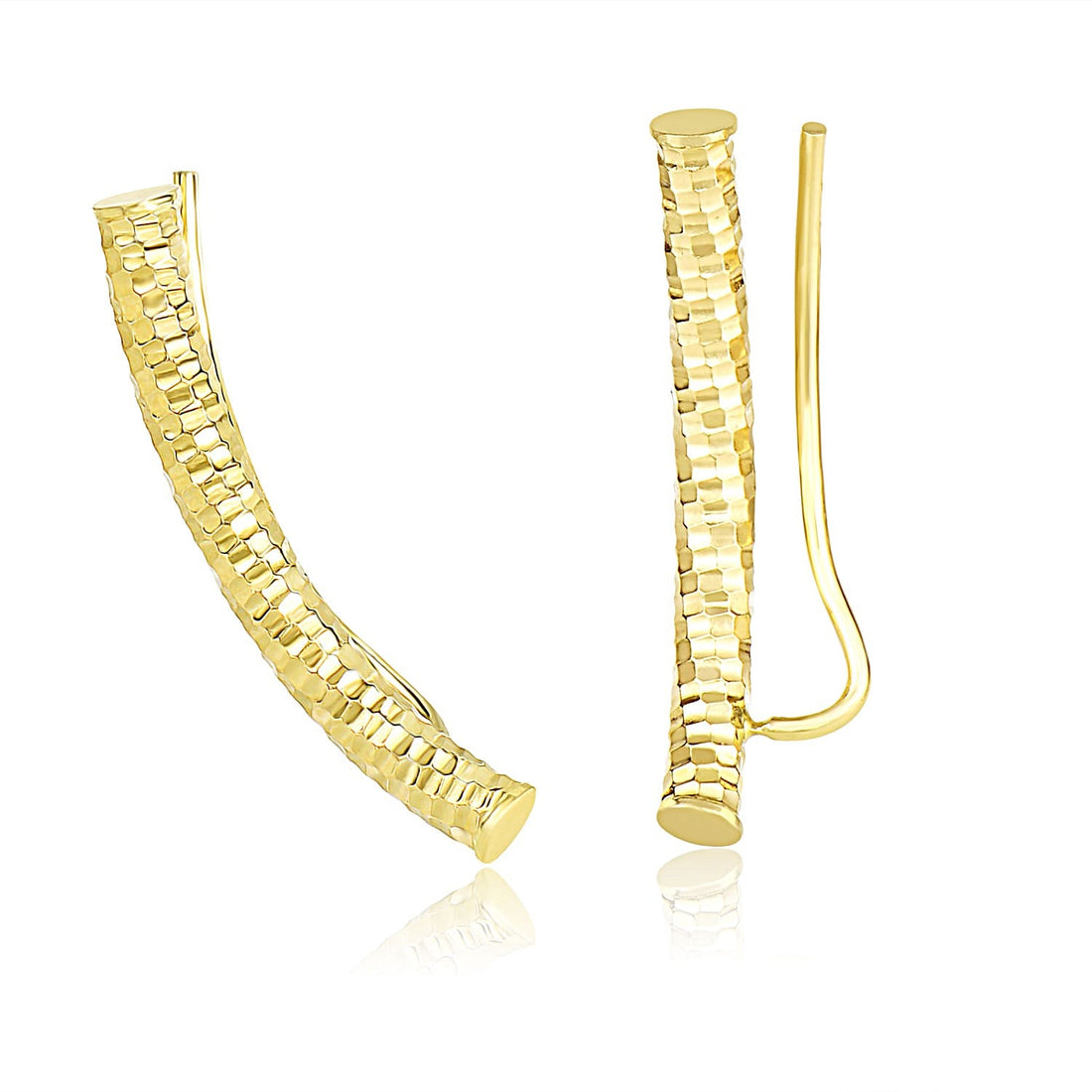 14k Yellow Gold Curved Tube Earrings with Diamond Cuts - accessories