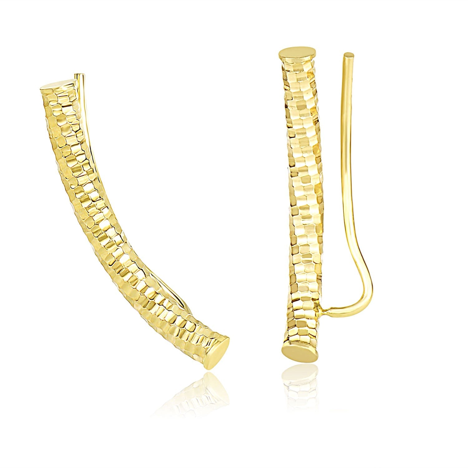 14k Yellow Gold Curved Tube Earrings with Diamond Cuts - accessories