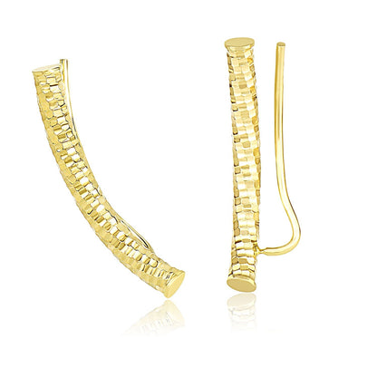 14k Yellow Gold Curved Tube Earrings with Diamond Cuts 