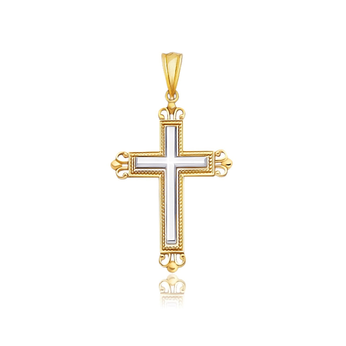 14k Two-Tone Gold Cross Pendant with an Ornate Budded Style - necklaces