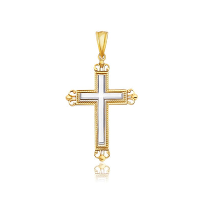 14k Two-Tone Gold Cross Pendant with an Ornate Budded Style - necklaces