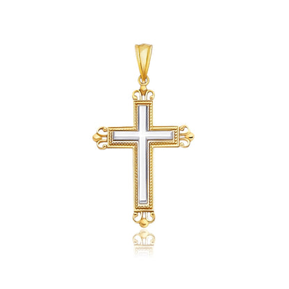 14k Two-Tone Gold Cross Pendant with an Ornate Budded Style - necklaces