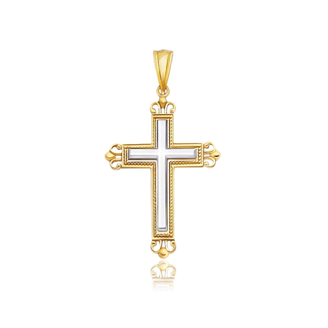 14k Two-Tone Gold Cross Pendant with an Ornate Budded Style 